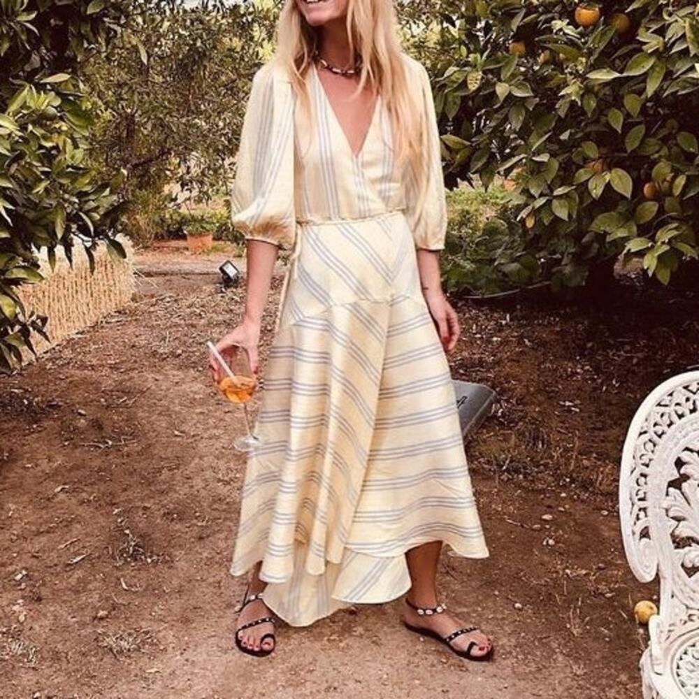 Ganni Bergamot silk wrap dress yellow silver stripe midi size 38 / US 6